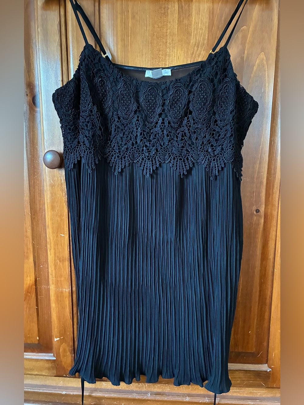 Vintage Flora Nikrooz Black Crochet Lace Chiffon Pleated Chemise, Large
